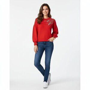 Nwt Broadway 38 Red Rhinestone Puff Sleeve Sweater Vintage Glamour Size M